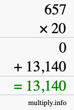 How to calculate 657 times 20 using long multiplication How to calculate 657 times 20 using long multiplication