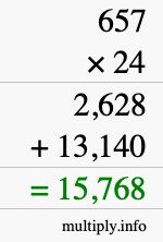 How to calculate 657 times 24 using long multiplication