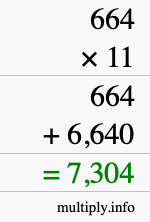 How to calculate 664 times 11 using long multiplication