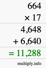 How to calculate 664 times 17 using long multiplication