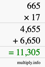 How to calculate 665 times 17 using long multiplication How to calculate 665 times 17 using long multiplication