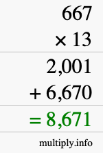 How to calculate 667 times 13 using long multiplication How to calculate 667 times 13 using long multiplication