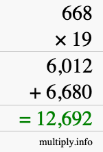 How to calculate 668 times 19 using long multiplication