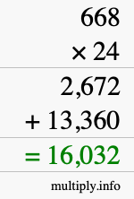 How to calculate 668 times 24 using long multiplication