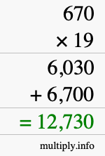 How to calculate 670 times 19 using long multiplication