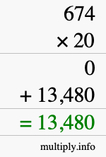 How to calculate 674 times 20 using long multiplication