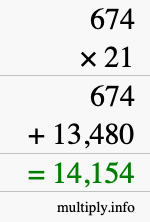 How to calculate 674 times 21 using long multiplication