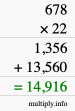 How to calculate 678 times 22 using long multiplication