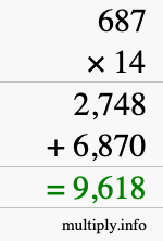 How to calculate 687 times 14 using long multiplication