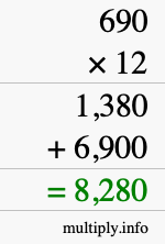 How to calculate 690 times 12 using long multiplication