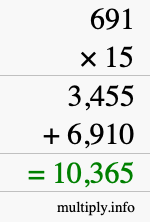 How to calculate 691 times 15 using long multiplication