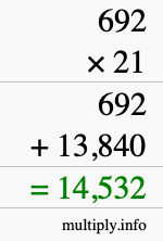 How to calculate 692 times 21 using long multiplication