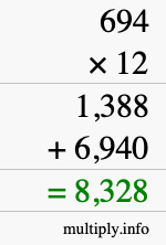 How to calculate 694 times 12 using long multiplication How to calculate 694 times 12 using long multiplication