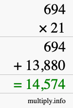 How to calculate 694 times 21 using long multiplication