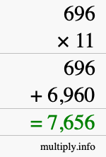 How to calculate 696 times 11 using long multiplication How to calculate 696 times 11 using long multiplication