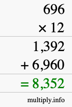 How to calculate 696 times 12 using long multiplication How to calculate 696 times 12 using long multiplication