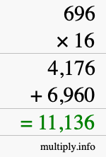 How to calculate 696 times 16 using long multiplication