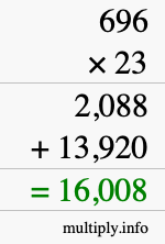 How to calculate 696 times 23 using long multiplication
