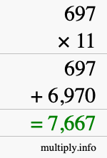 How to calculate 697 times 11 using long multiplication