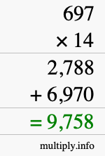 How to calculate 697 times 14 using long multiplication