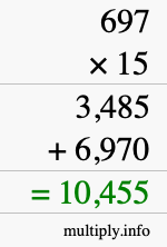 How to calculate 697 times 15 using long multiplication