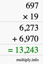 How to calculate 697 times 19 using long multiplication