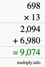 How to calculate 698 times 13 using long multiplication