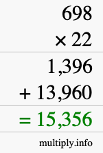 How to calculate 698 times 22 using long multiplication