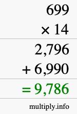 How to calculate 699 times 14 using long multiplication
