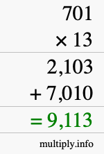 How to calculate 701 times 13 using long multiplication