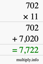 How to calculate 702 times 11 using long multiplication