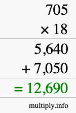 How to calculate 705 times 18 using long multiplication