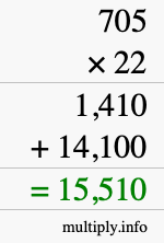 How to calculate 705 times 22 using long multiplication