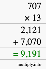 How to calculate 707 times 13 using long multiplication