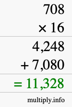 How to calculate 708 times 16 using long multiplication