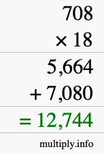 How to calculate 708 times 18 using long multiplication