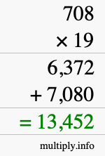 How to calculate 708 times 19 using long multiplication