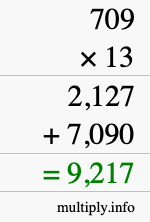How to calculate 709 times 13 using long multiplication