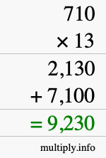 How to calculate 710 times 13 using long multiplication