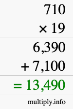 How to calculate 710 times 19 using long multiplication