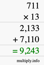 How to calculate 711 times 13 using long multiplication