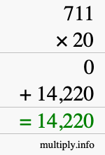 How to calculate 711 times 20 using long multiplication How to calculate 711 times 20 using long multiplication