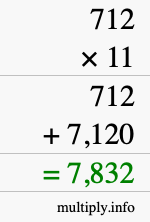 How to calculate 712 times 11 using long multiplication