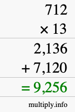 How to calculate 712 times 13 using long multiplication