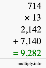 How to calculate 714 times 13 using long multiplication