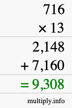 How to calculate 716 times 13 using long multiplication