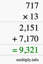 How to calculate 717 times 13 using long multiplication