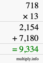 How to calculate 718 times 13 using long multiplication