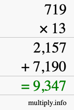 How to calculate 719 times 13 using long multiplication
