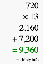 How to calculate 720 times 13 using long multiplication